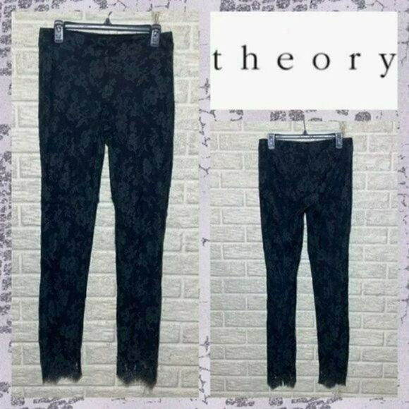 MSRP $275 Theory Lace Covered Black Pants Women's Size 4 - Picture 1 of 10